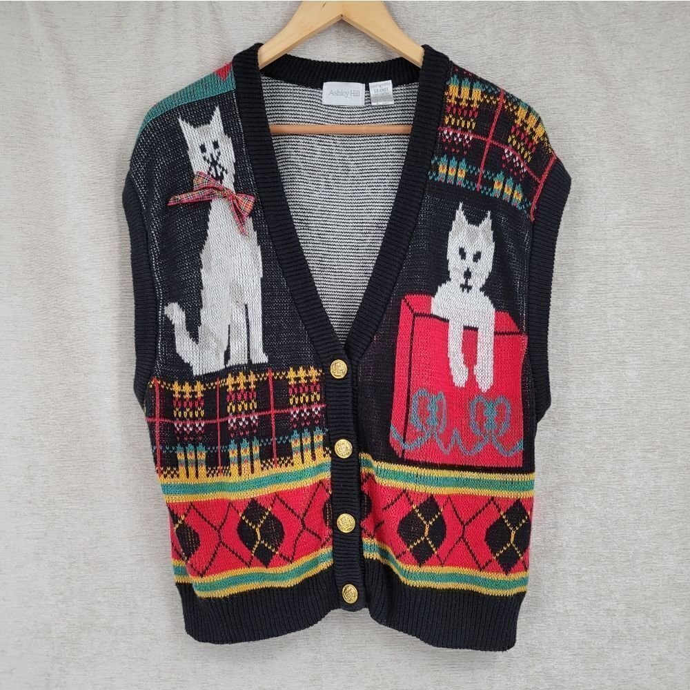 Ashley Hill Vintage Cat Lady Ugly Cute Sweater Vest Holiday Christmas 80s 90s